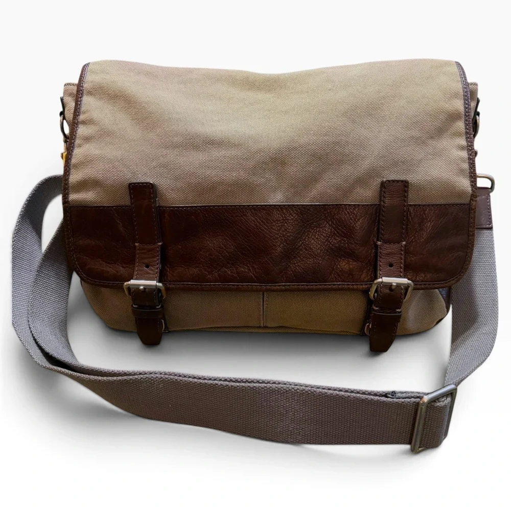 Fossil Estate Messenger Bag Khaki Canvas Brown Leather Trim Crossbody Satchel